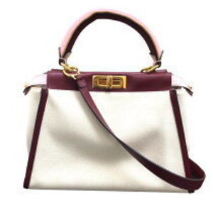 FENDI Peekaboo Ivory White Bordeaux Pink Canvas Calfskin Handbag